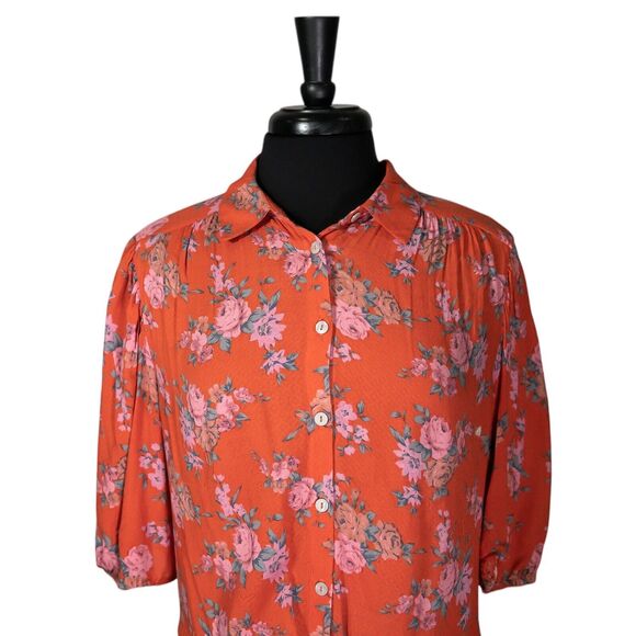 Free People Women's Shirt Button Up Floral Tie Front Boho Oversized Crop Top S - Picture 5 of 9